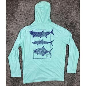 Guy Harvey Keys Slam Scribble Fish Hoodie Long Sleeve Pocket T-Shirt Aqua Sz M